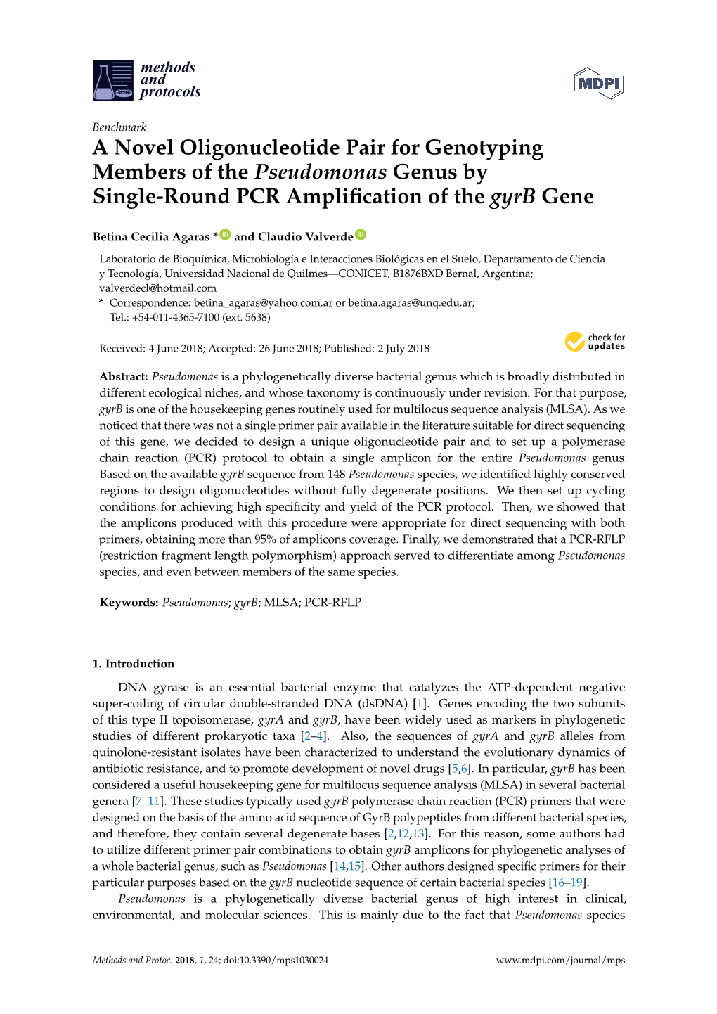 A Novel Oligonucleotide Pair for Genotyping Members of the Pseudomonas Genus by Single-Round PCR Ampliﬁcation of the Gyrb Gene
