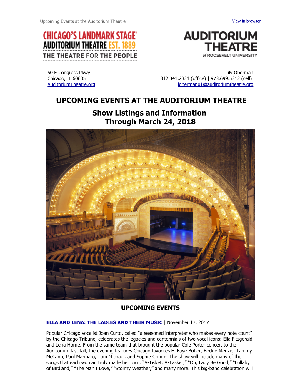 UPCOMING EVENTS at the AUDITORIUM THEATRE Show Listings and Information Through March 24, 2018