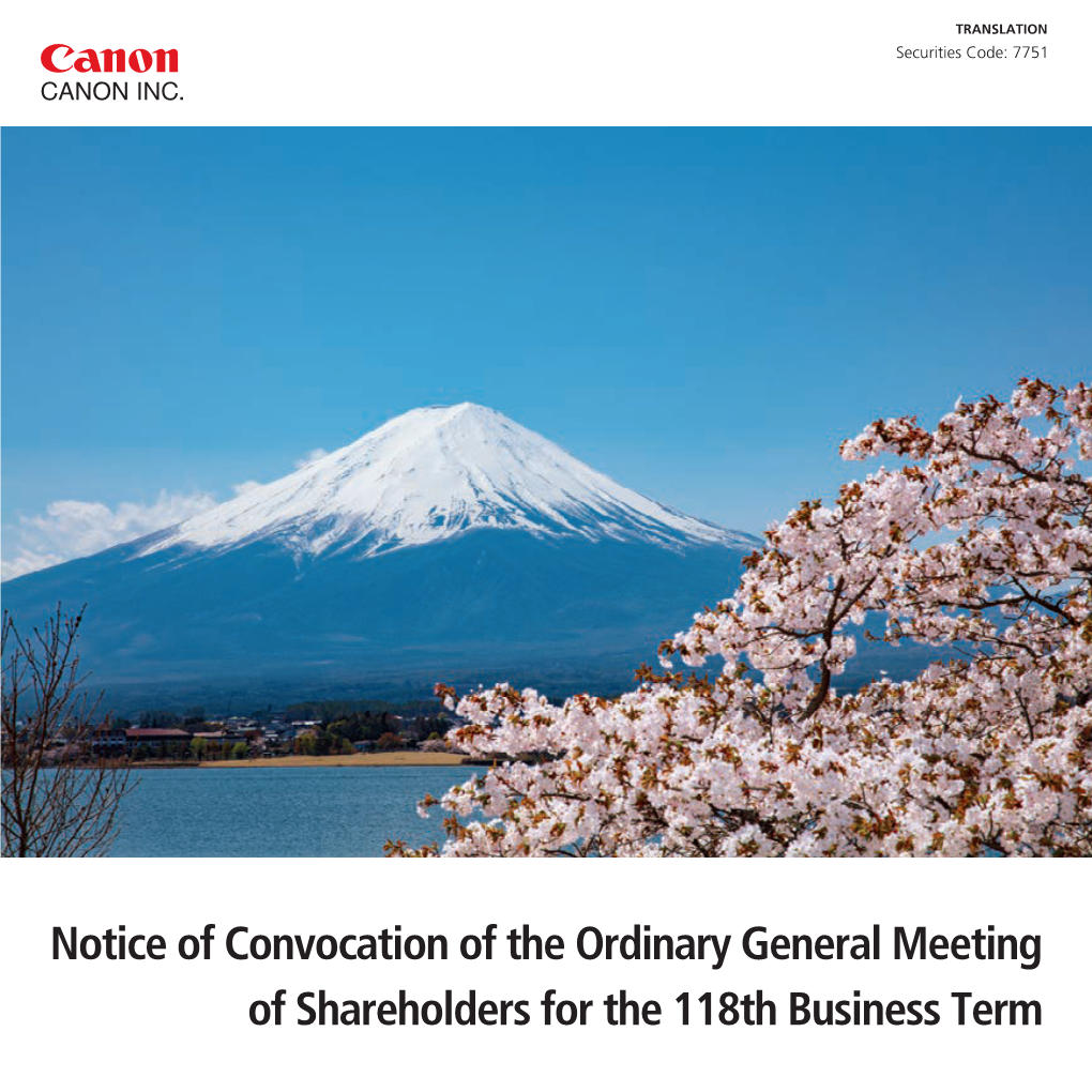 Notice of Convocation of the Ordinary General Meeting of Shareholders for the 118Th Business Term to Our Shareholders