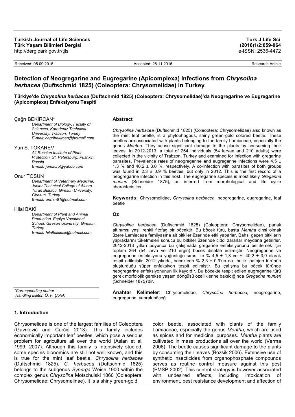 Infections from Chrysolina Herbacea (Duftschmid 1825) (Coleoptera: Chrysomelidae) in Turkey