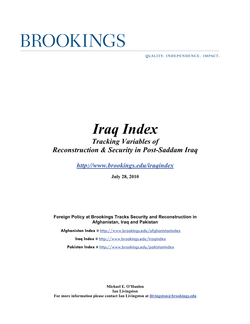 Iraq Index Tracking Variables of Reconstruction & Security in Post-Saddam Iraq