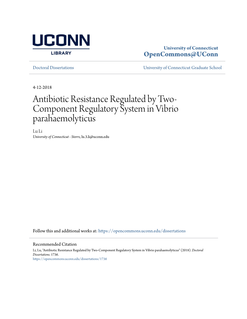 Antibiotic Resistance Regulated by Two-Component Regulatory System in Vibrio Parahaemolyticus" (2018)