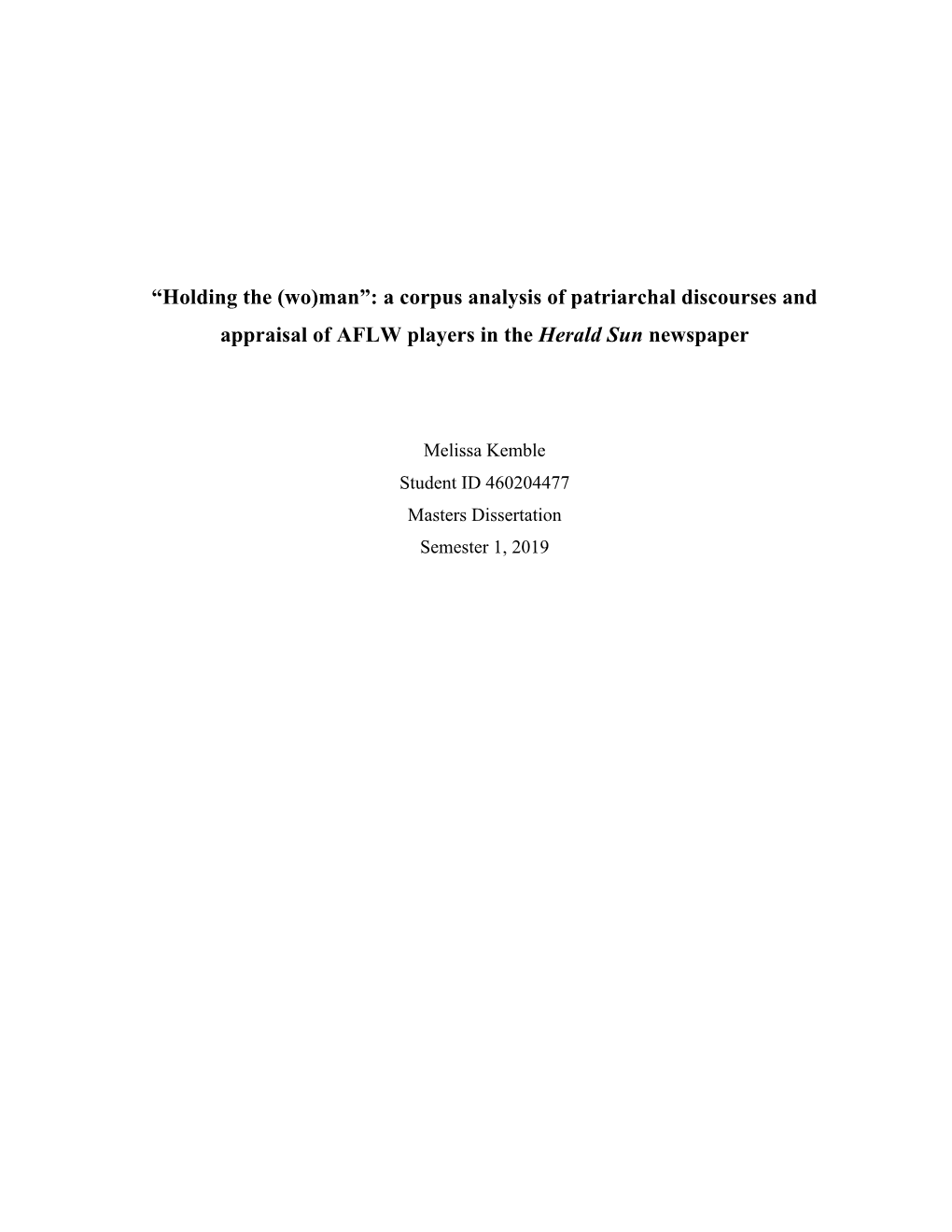 “Holding the (Wo)Man”: a Corpus Analysis of Patriarchal Discourses and Appraisal of AFLW Players in the Herald Sun Newspaper