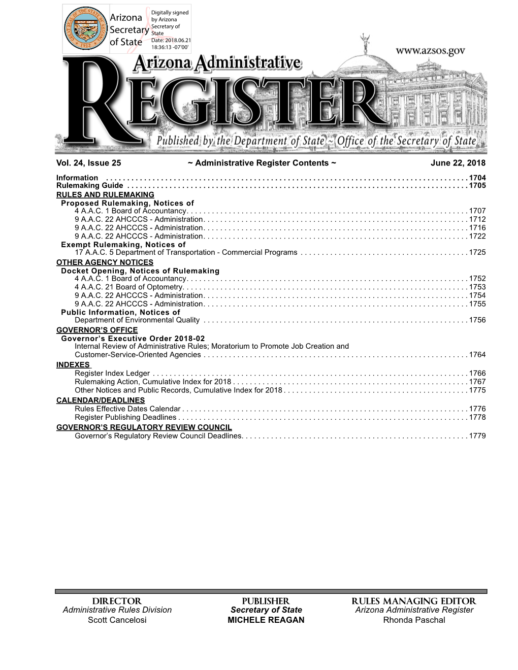 Issue 25 ~ Administrative Register Contents ~ June 22, 2018 Information