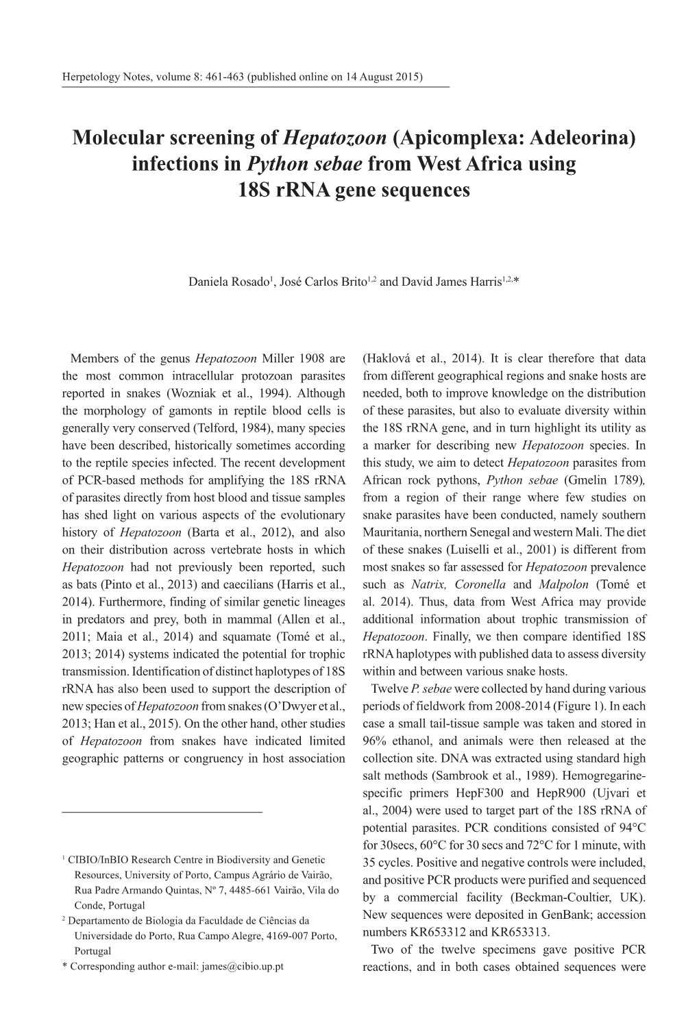 Molecular Screening of Hepatozoon (Apicomplexa: Adeleorina) Infections in Python Sebae from West Africa Using 18S Rrna Gene Sequences