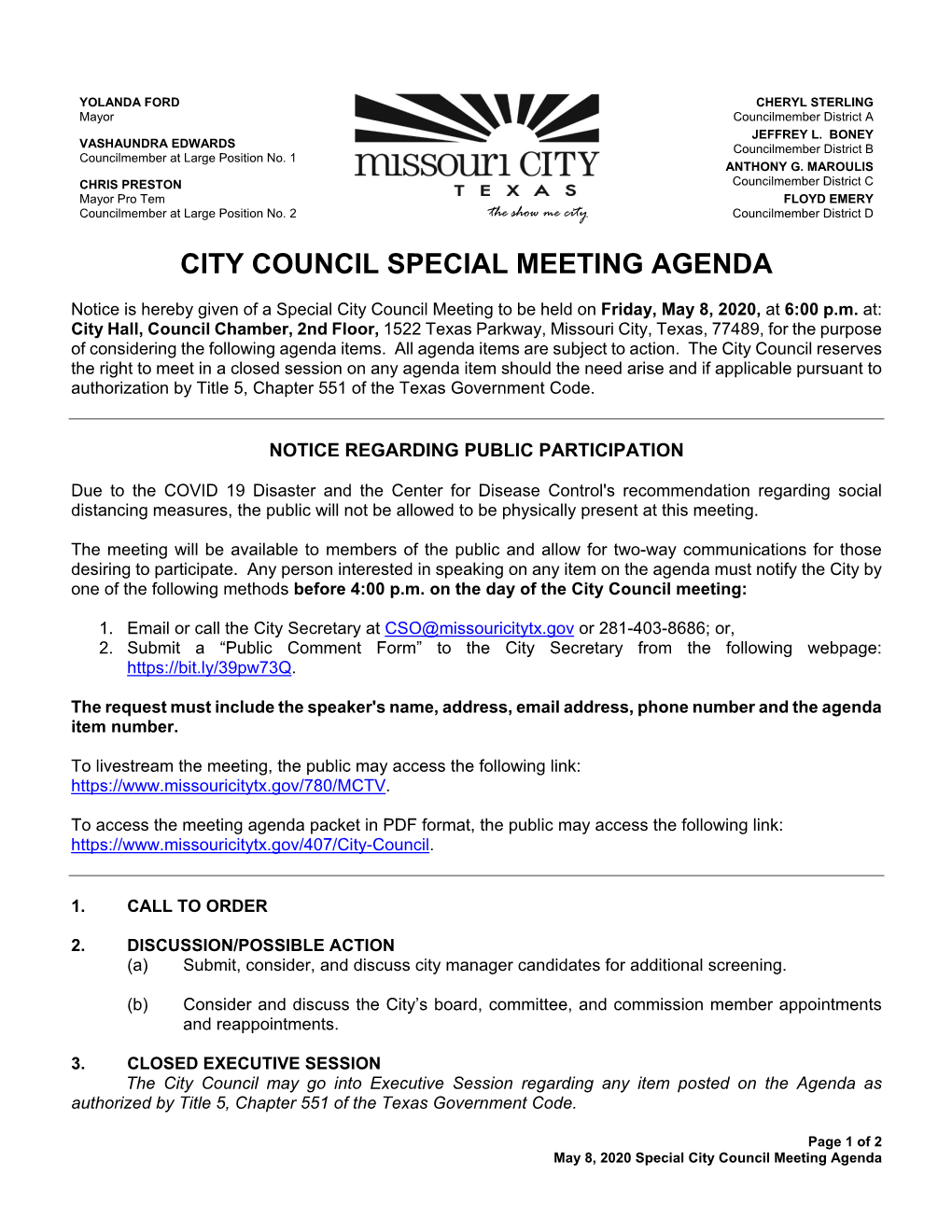 City Council Special Meeting Agenda