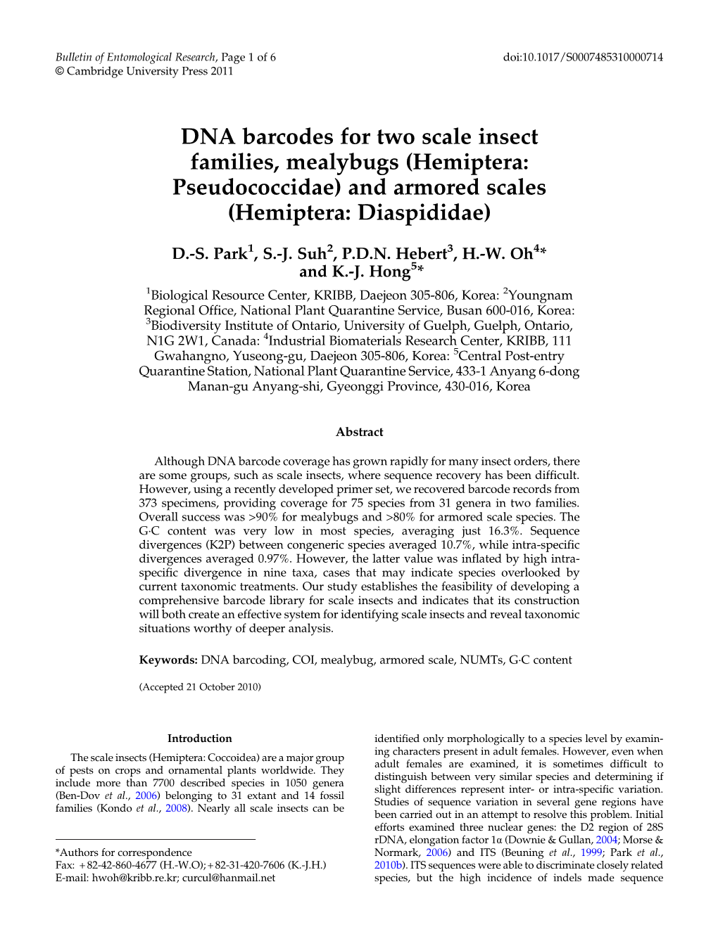 DNA Barcodes for Two Scale Insect Families, Mealybugs (Hemiptera: Pseudococcidae) and Armored Scales (Hemiptera: Diaspididae)