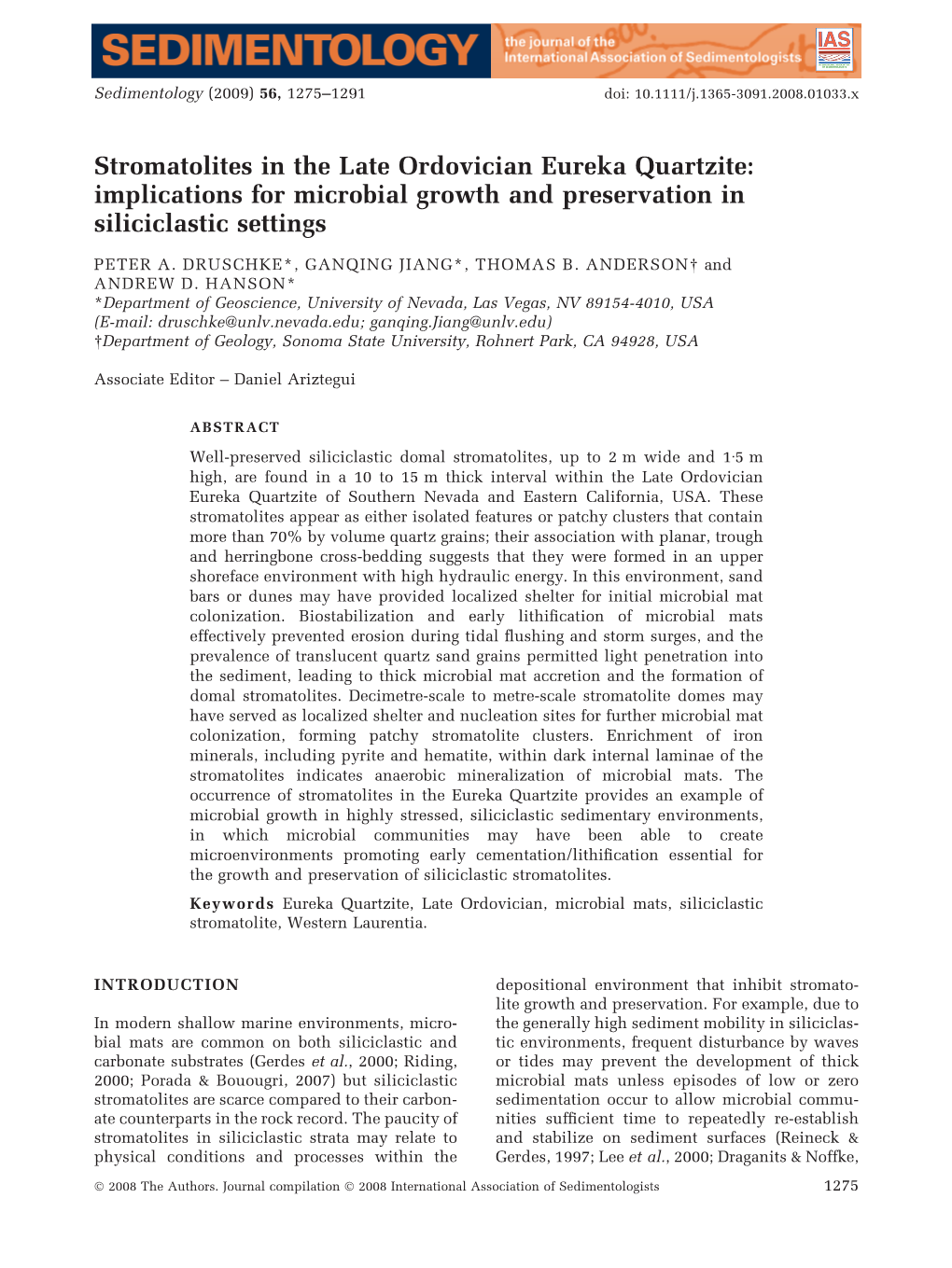 Stromatolites in the Late Ordovician Eureka Quartzite: Implications for Microbial Growth and Preservation in Siliciclastic Settings