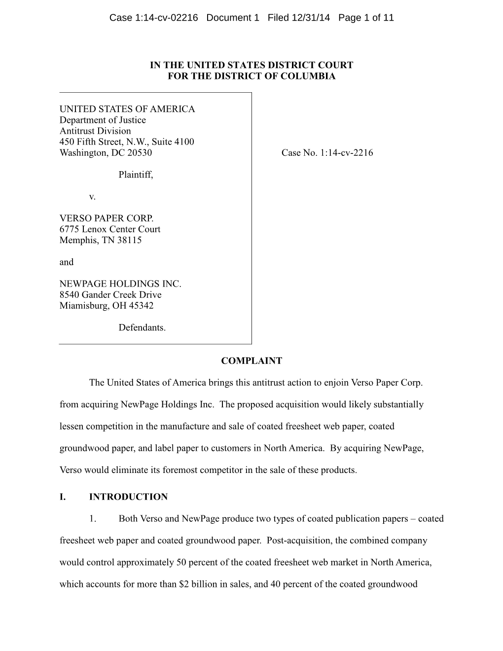Complaint: U.S. V. Verso Paper Corp. and Newpage Holdings Inc