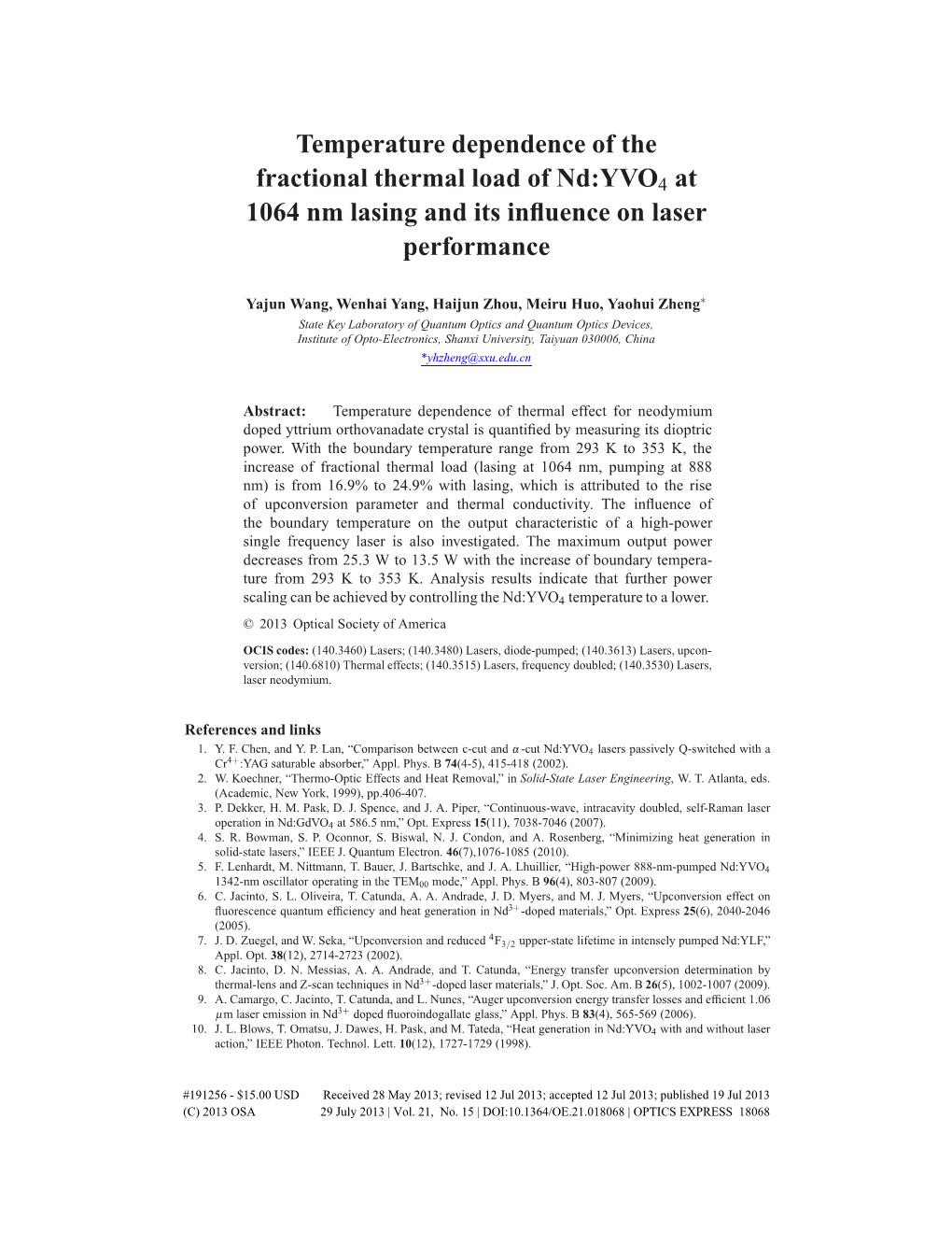 Temperature Dependence of the Fractional Thermal Load of Nd:YVO4 at 1064 Nm Lasing and Its Inﬂuence on Laser Performance