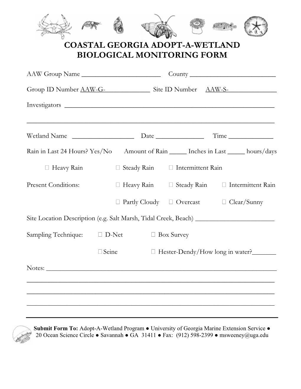 Coastal Georgia Adopt-A-Wetland Biological Monitoring Form