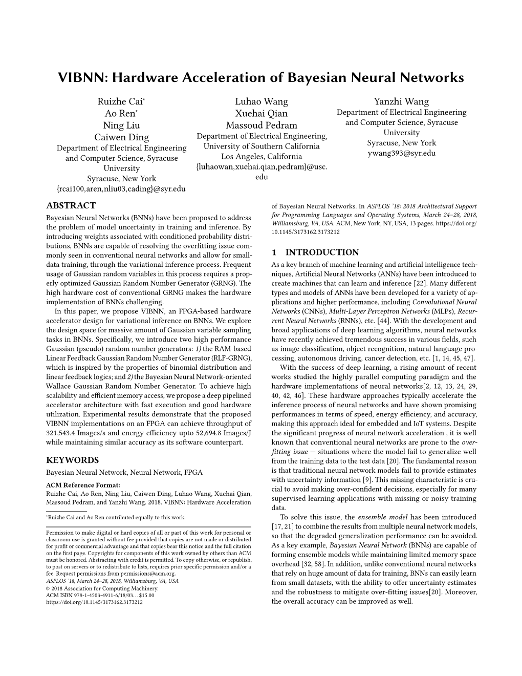 VIBNN: Hardware Acceleration of Bayesian Neural Networks