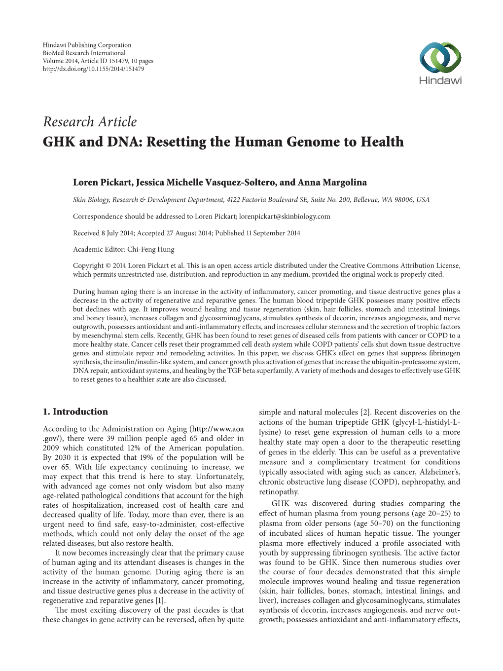 Research Article GHK and DNA: Resetting the Human Genome to Health