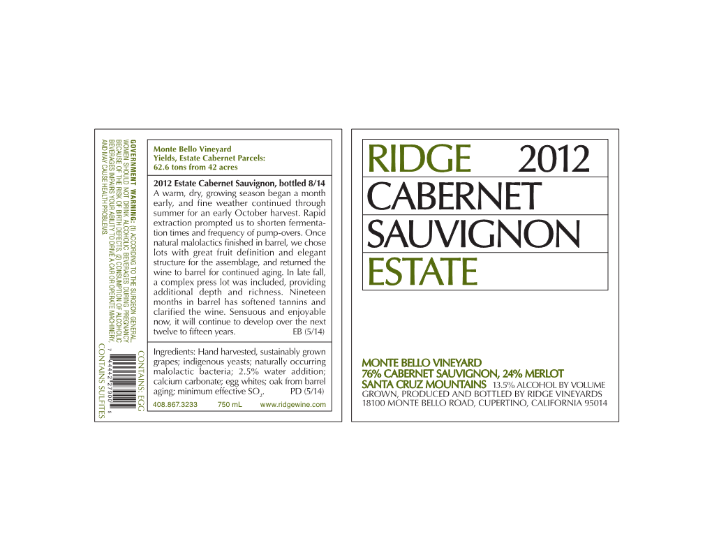 Ridge 2012 Cabernet Sauvignon Estate