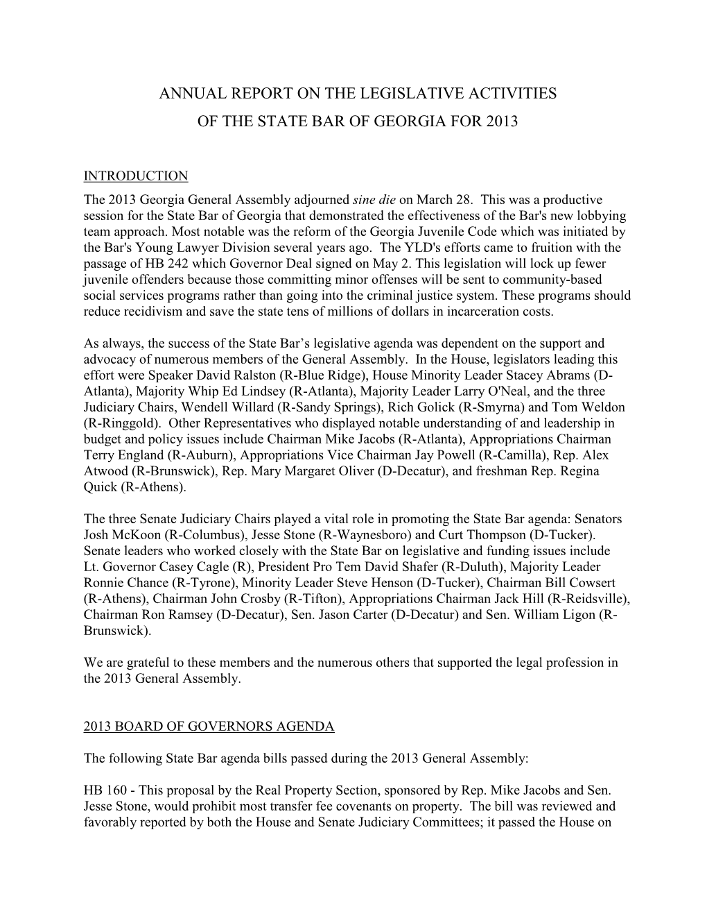 Annual Report on the Legislative Activities of the State Bar of Georgia for 2013