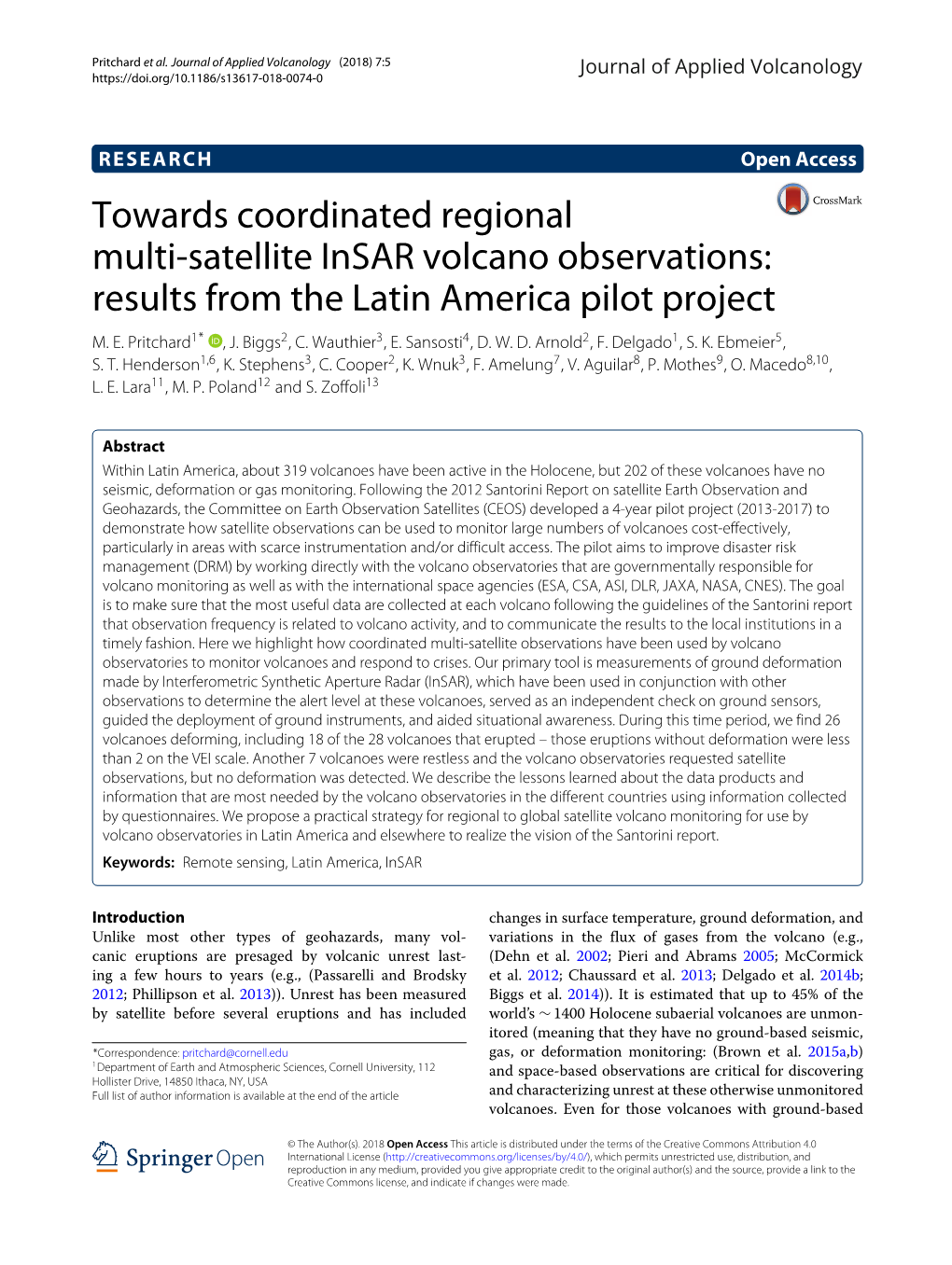 Towards Coordinated Regional Multi-Satellite Insar Volcano Observations: Results from the Latin America Pilot Project M