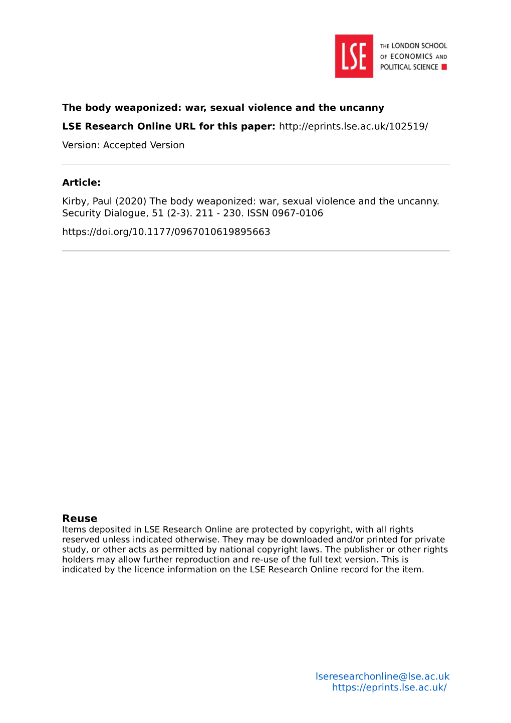 The Body Weaponized: War, Sexual Violence and the Uncanny LSE Research Online URL for This Paper: Version: Accepted Version