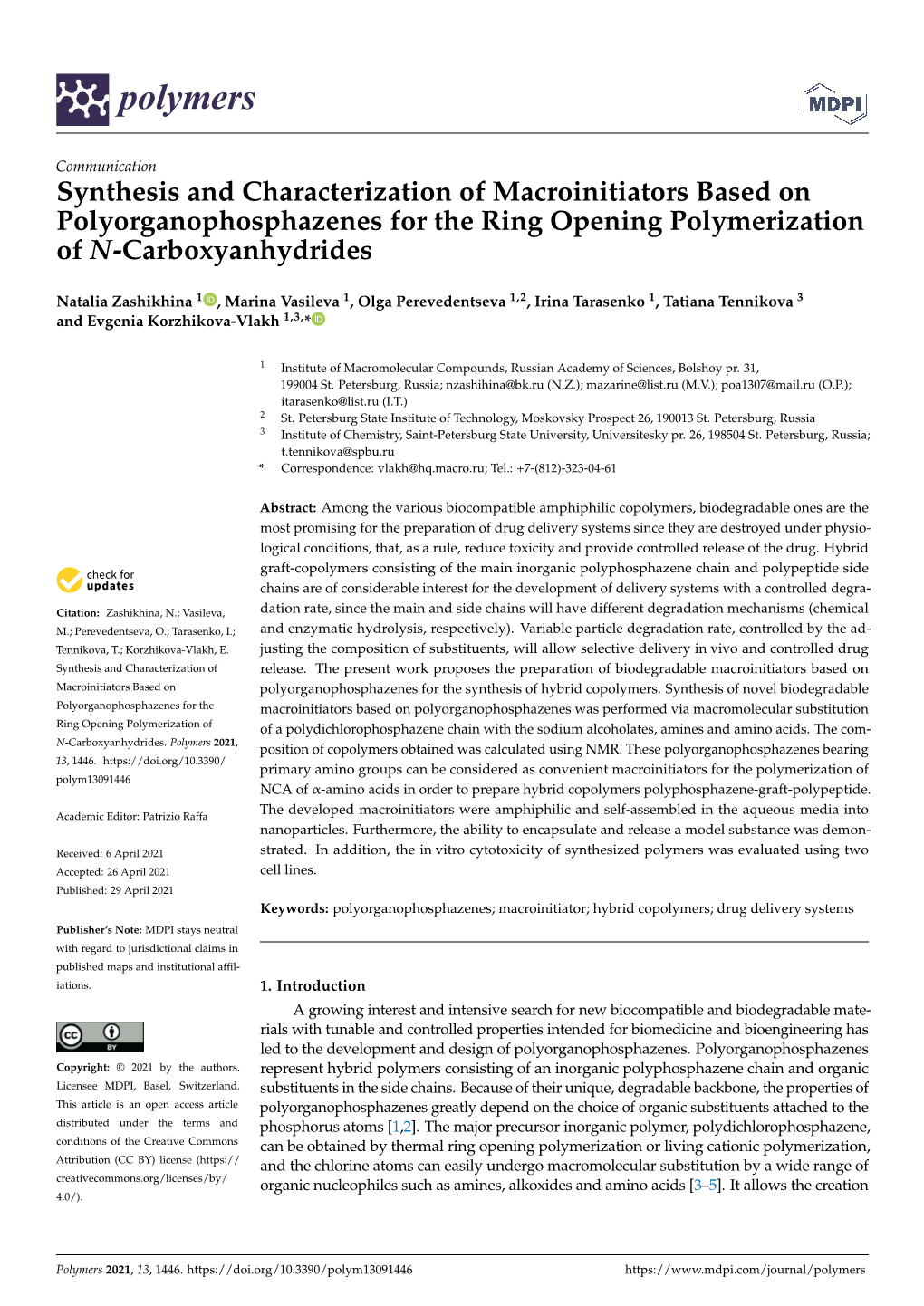 Synthesis and Characterization of Macroinitiators Based on Polyorganophosphazenes for the Ring Opening Polymerization of N-Carboxyanhydrides