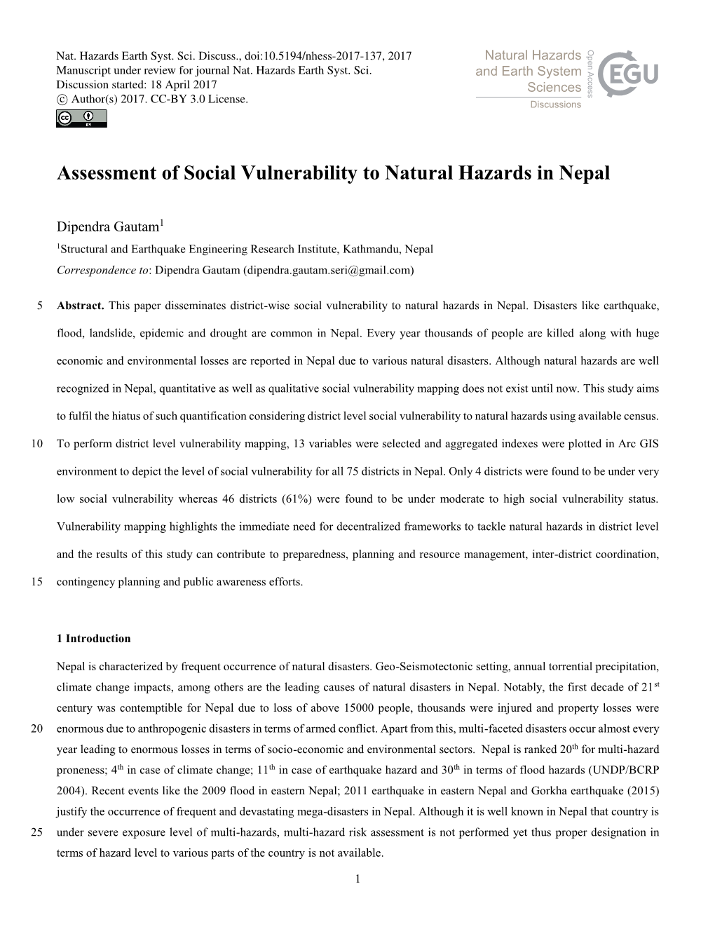 Assessment of Social Vulnerability to Natural Hazards in Nepal