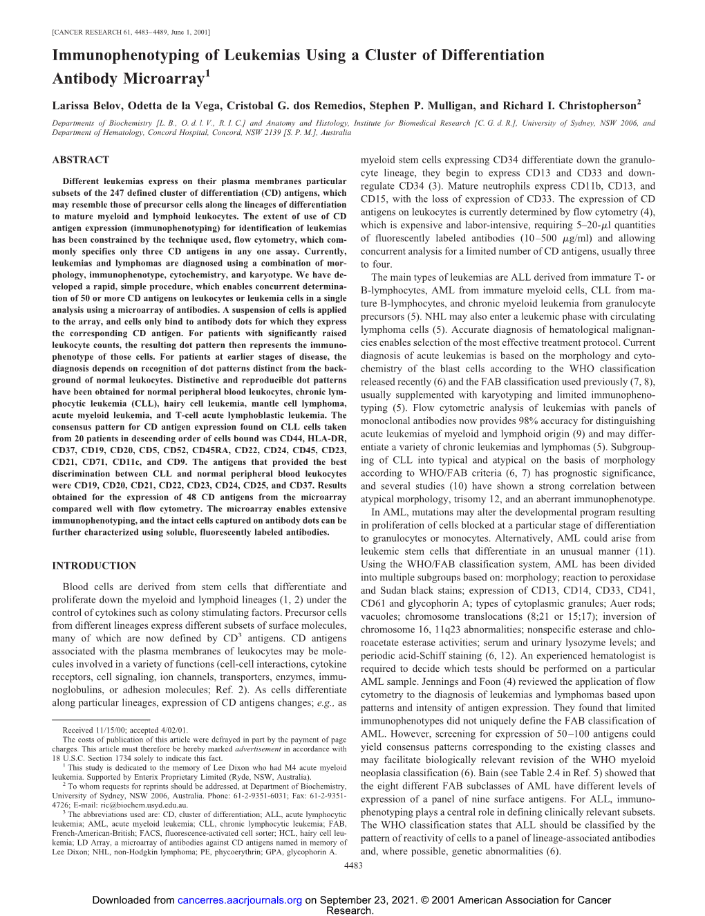 Immunophenotyping of Leukemias Using a Cluster of Differentiation Antibody Microarray 1