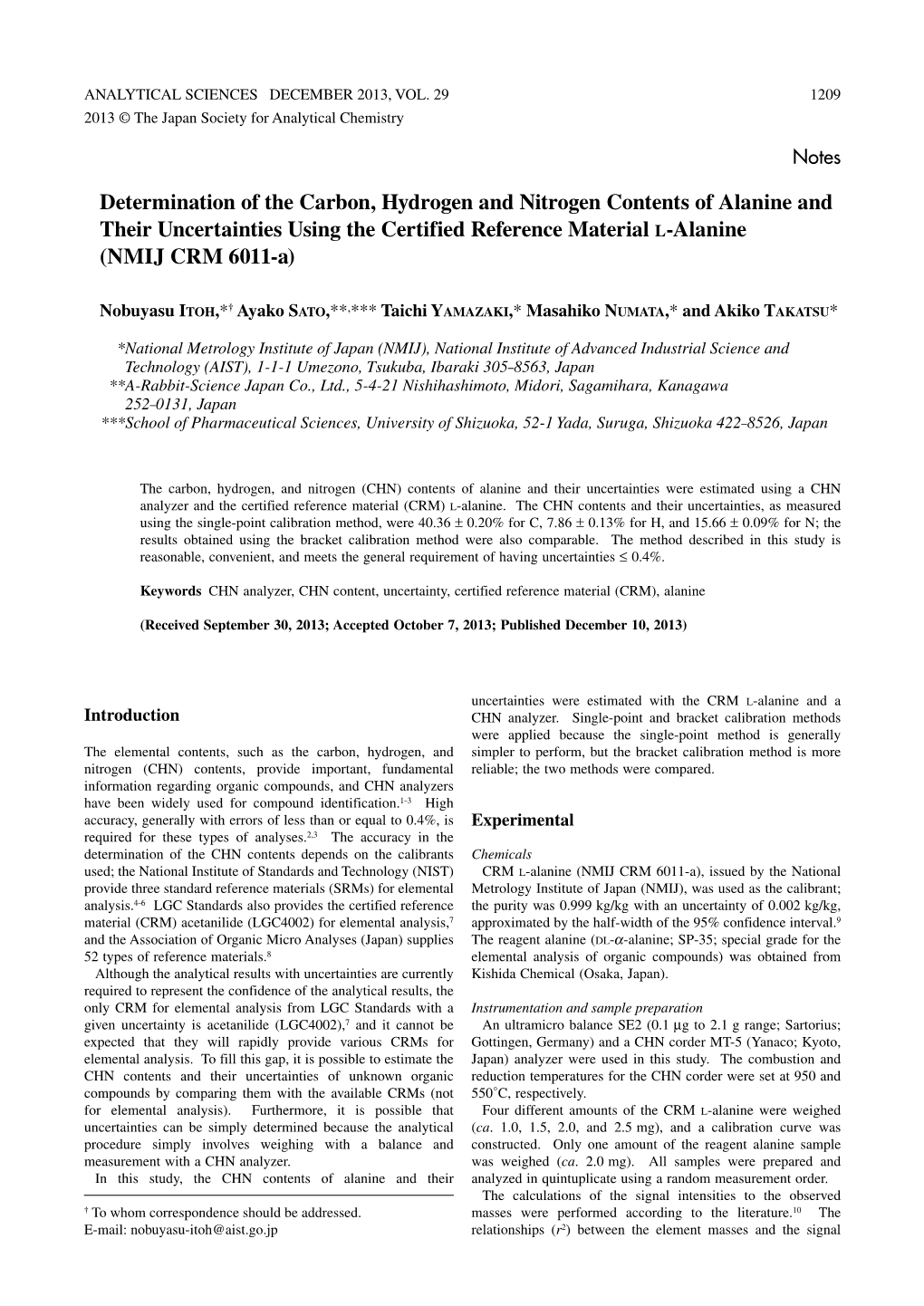 Determination of the Carbon, Hydrogen and Nitrogen Contents of Alanine and Their Uncertainties Using the Certified Reference Material L-Alanine (NMIJ CRM 6011-A)
