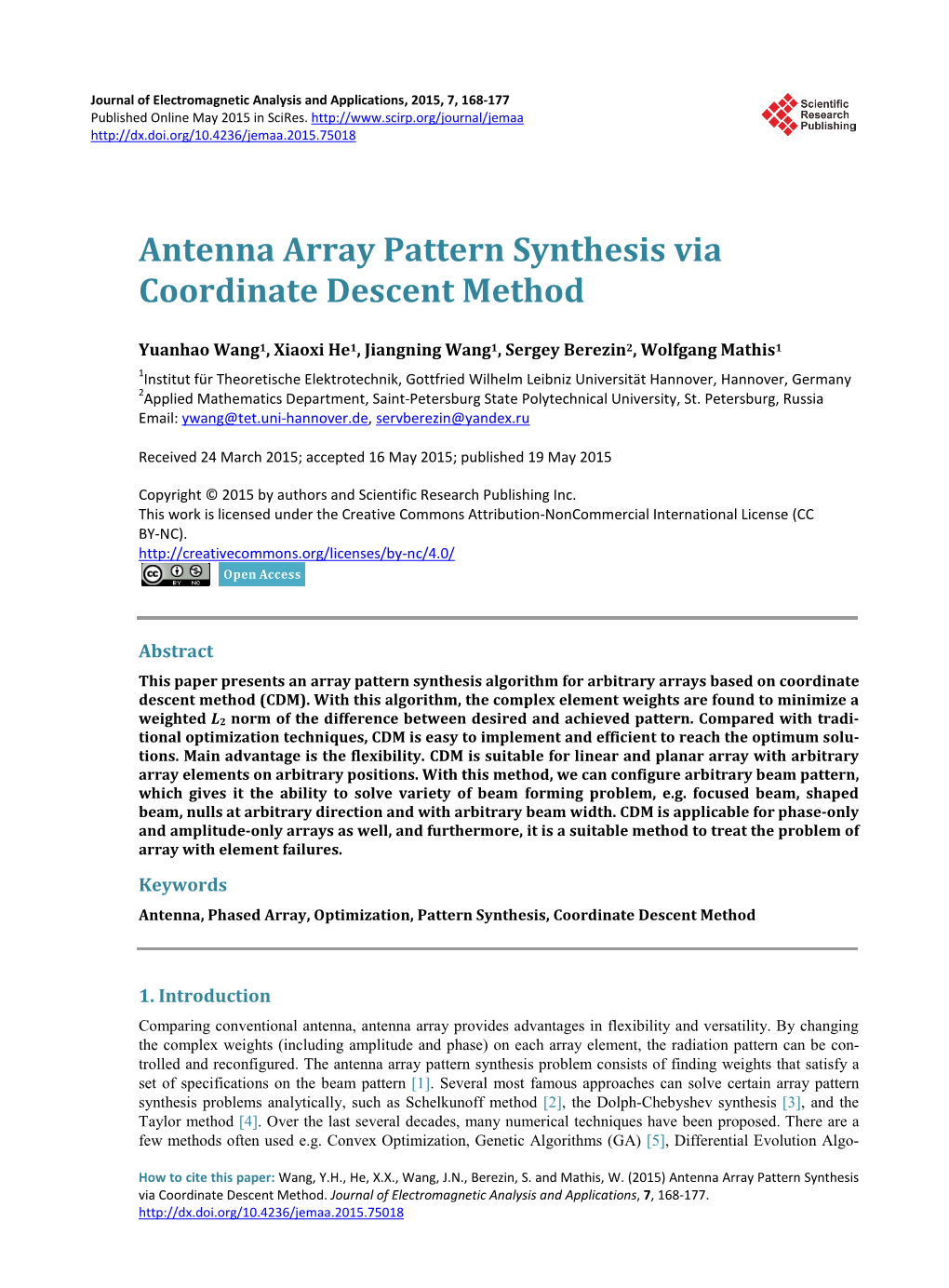 Antenna Array Pattern Synthesis Via Coordinate Descent Method