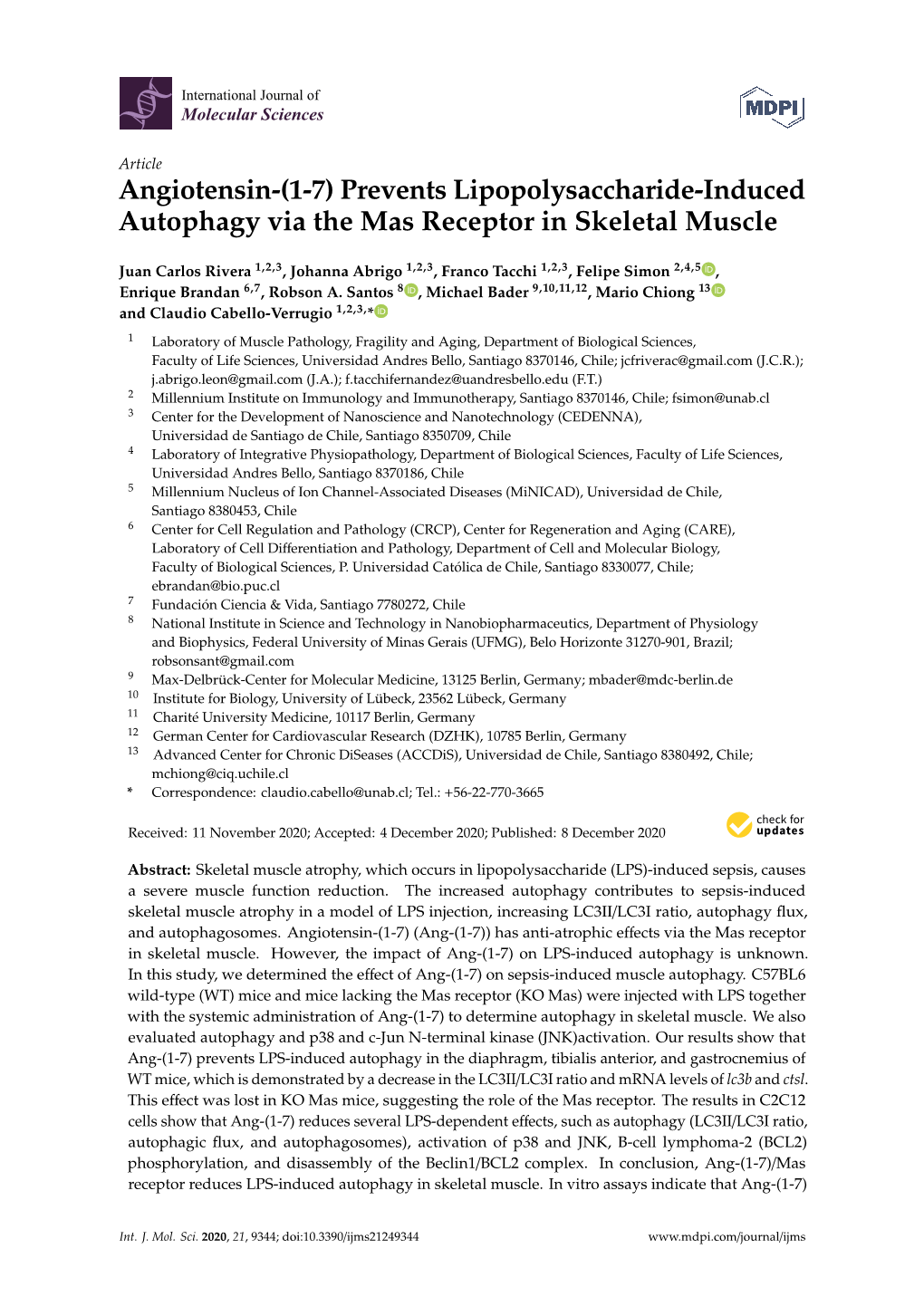 Angiotensin-(1-7) Prevents Lipopolysaccharide-Induced Autophagy Via the Mas Receptor in Skeletal Muscle