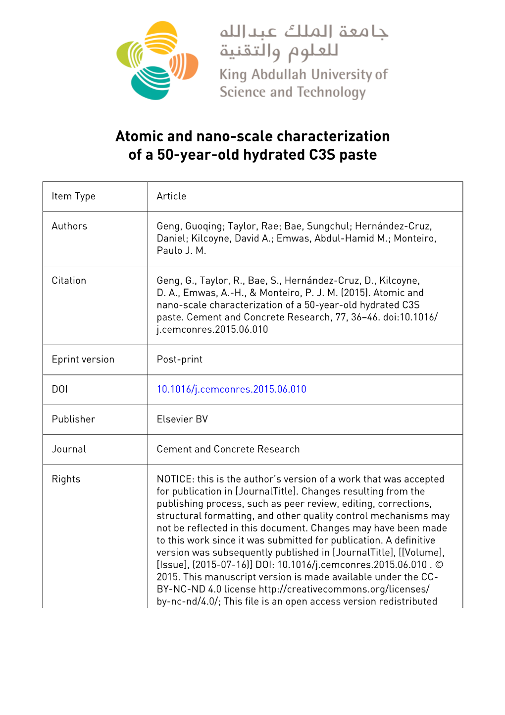 Atomic and Nano-Scale Characterization of a 50-Year-Old Hydrated C3S Paste