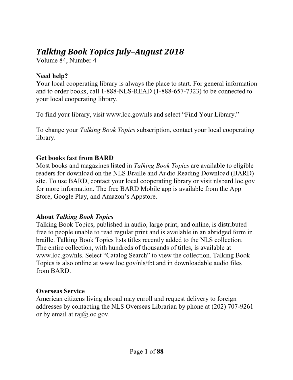 Talking Book Topics July-August 2018