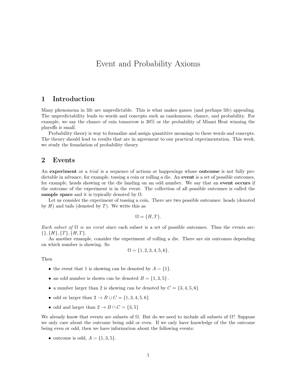 Notes on Event and Probability Axioms