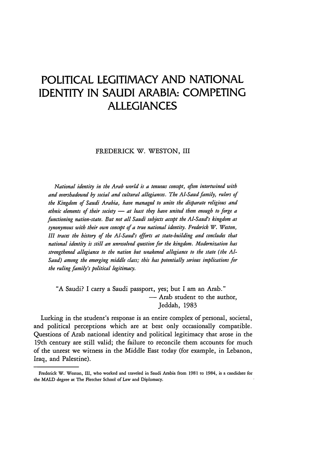 Political Legitimacy and National Identity in Saudi Arabia: Competing Allegiances