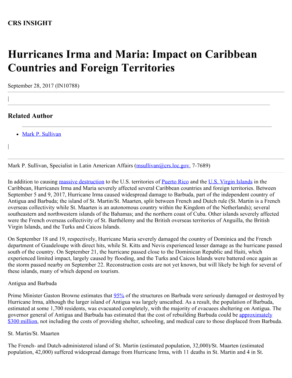 Hurricanes Irma and Maria: Impact on Caribbean Countries and Foreign Territories