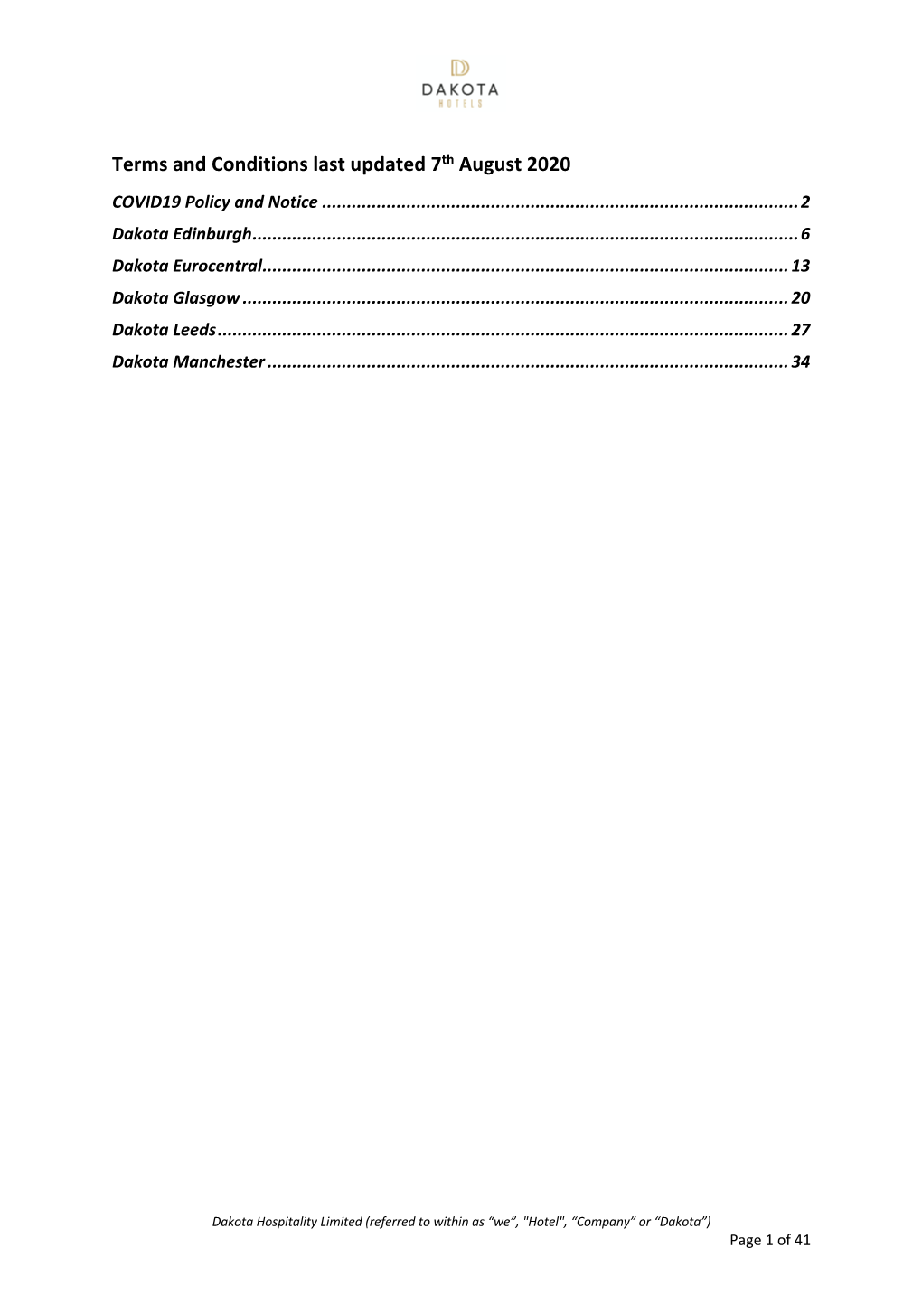 Terms and Conditions Last Updated 7Th August 2020 COVID19 Policy and Notice