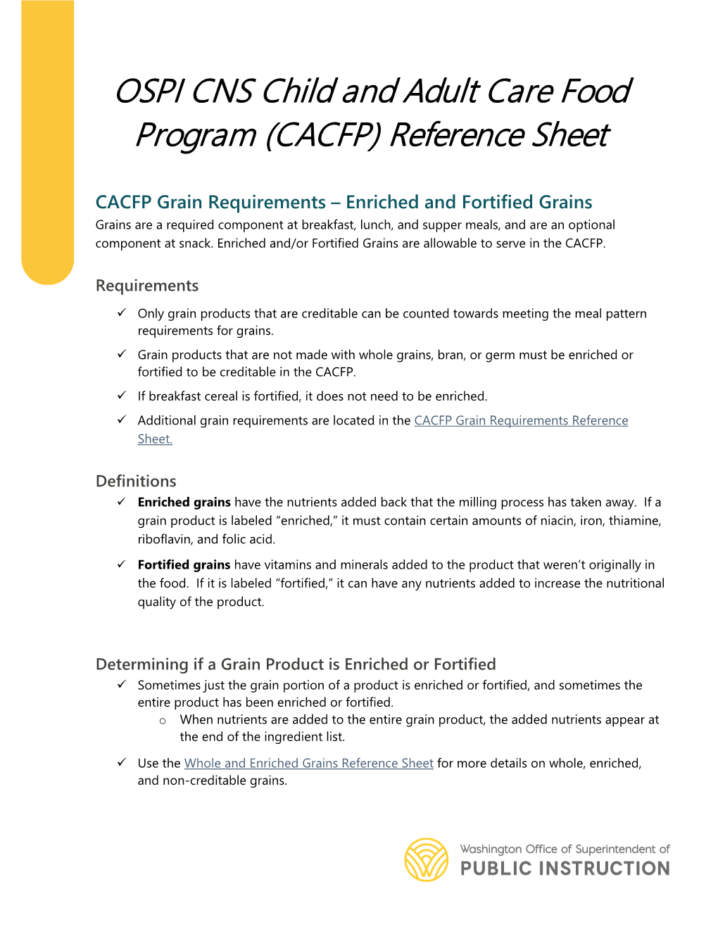 OSPI CNS Child and Adult Care Food Program (CACFP) Reference Sheet