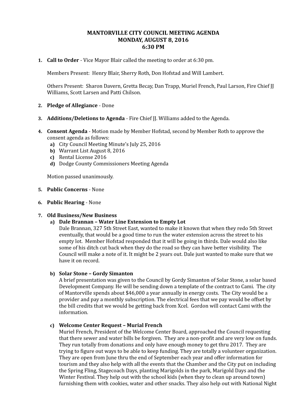 Mantorville City Council Meeting Agenda