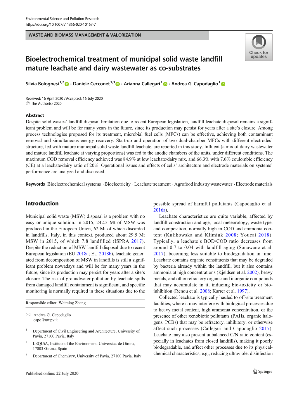 Bioelectrochemical Treatment of Municipal Solid Waste Landfill Mature Leachate and Dairy Wastewater As Co-Substrates
