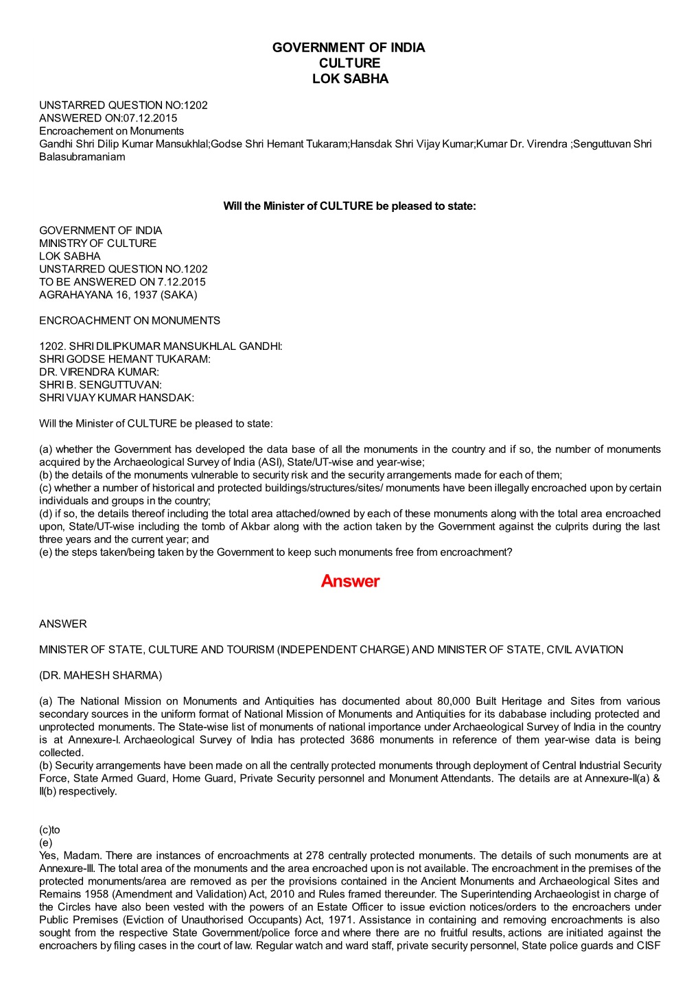 ANSWERED ON:07.12.2015 Encroachement on Monuments Gandhi Shri Dilip Kumar Mansukhlal;Godse Shri Hemant Tukaram;Hansdak Shri Vijay Kumar;Kumar Dr