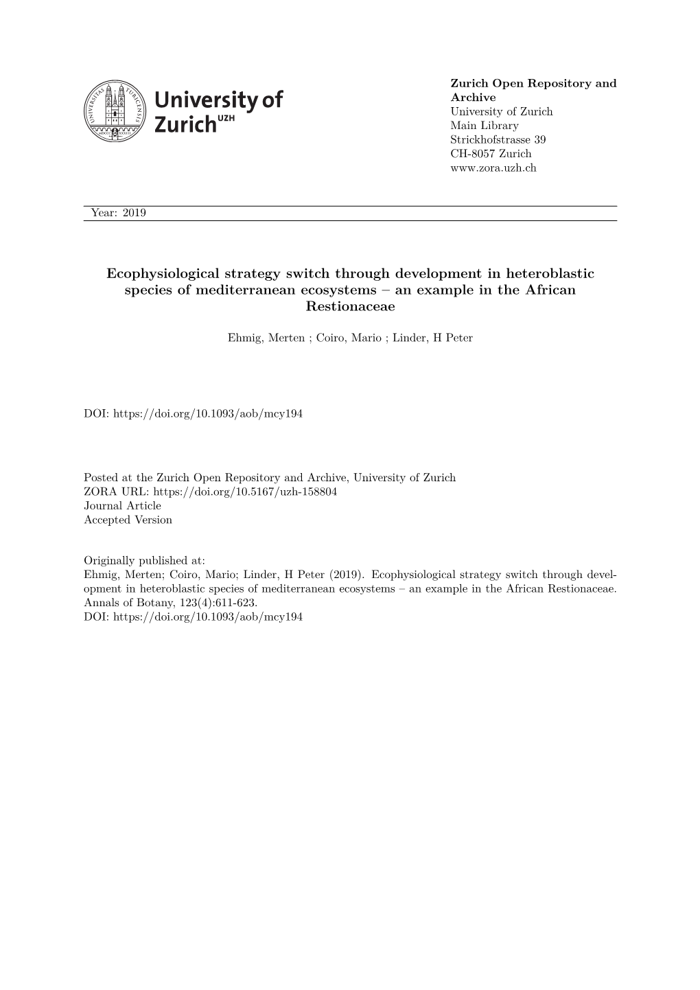 Ecophysiological Strategy Switch Through Development in Heteroblastic Species of Mediterranean Ecosystems – an Example in the African Restionaceae