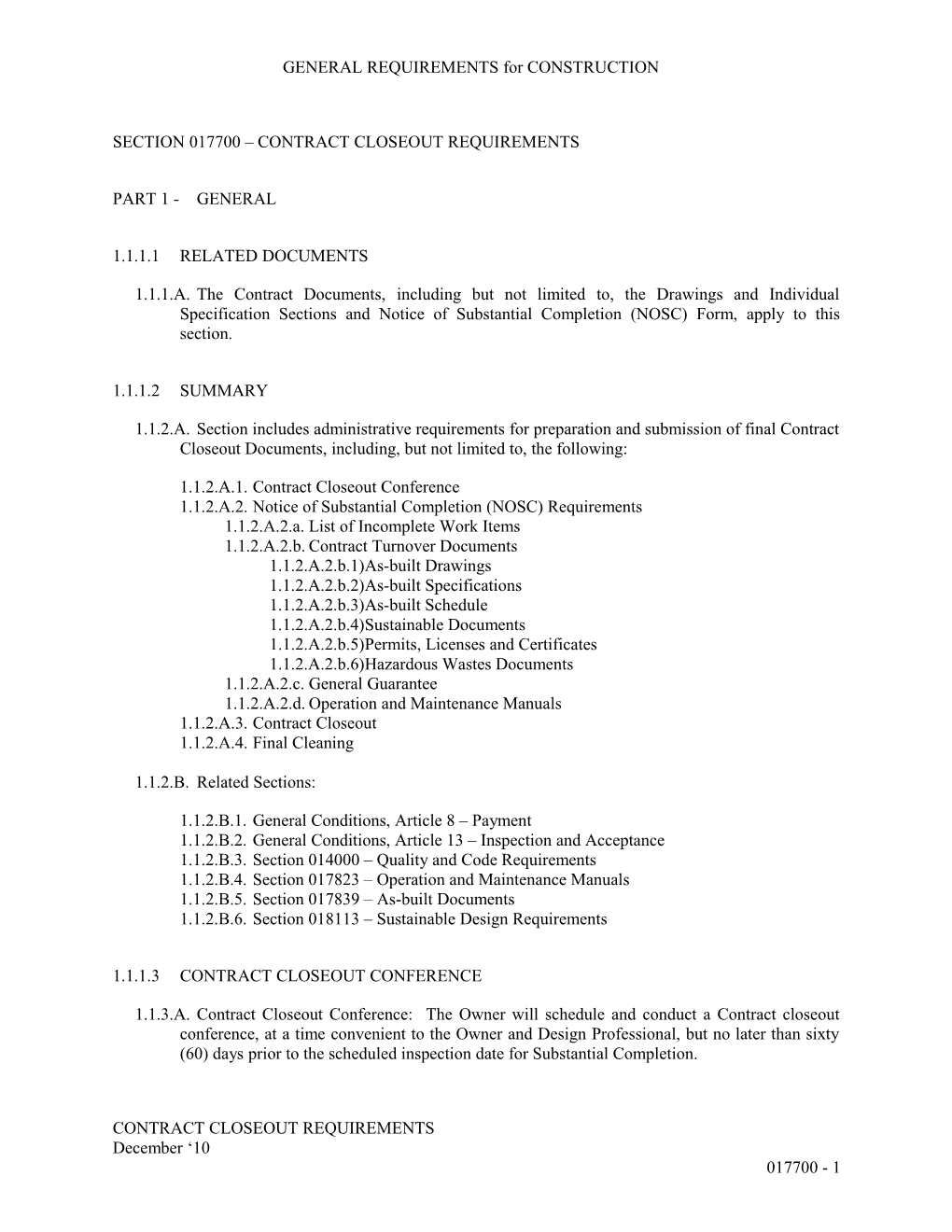 Section 017700 - Closeout Procedures s1