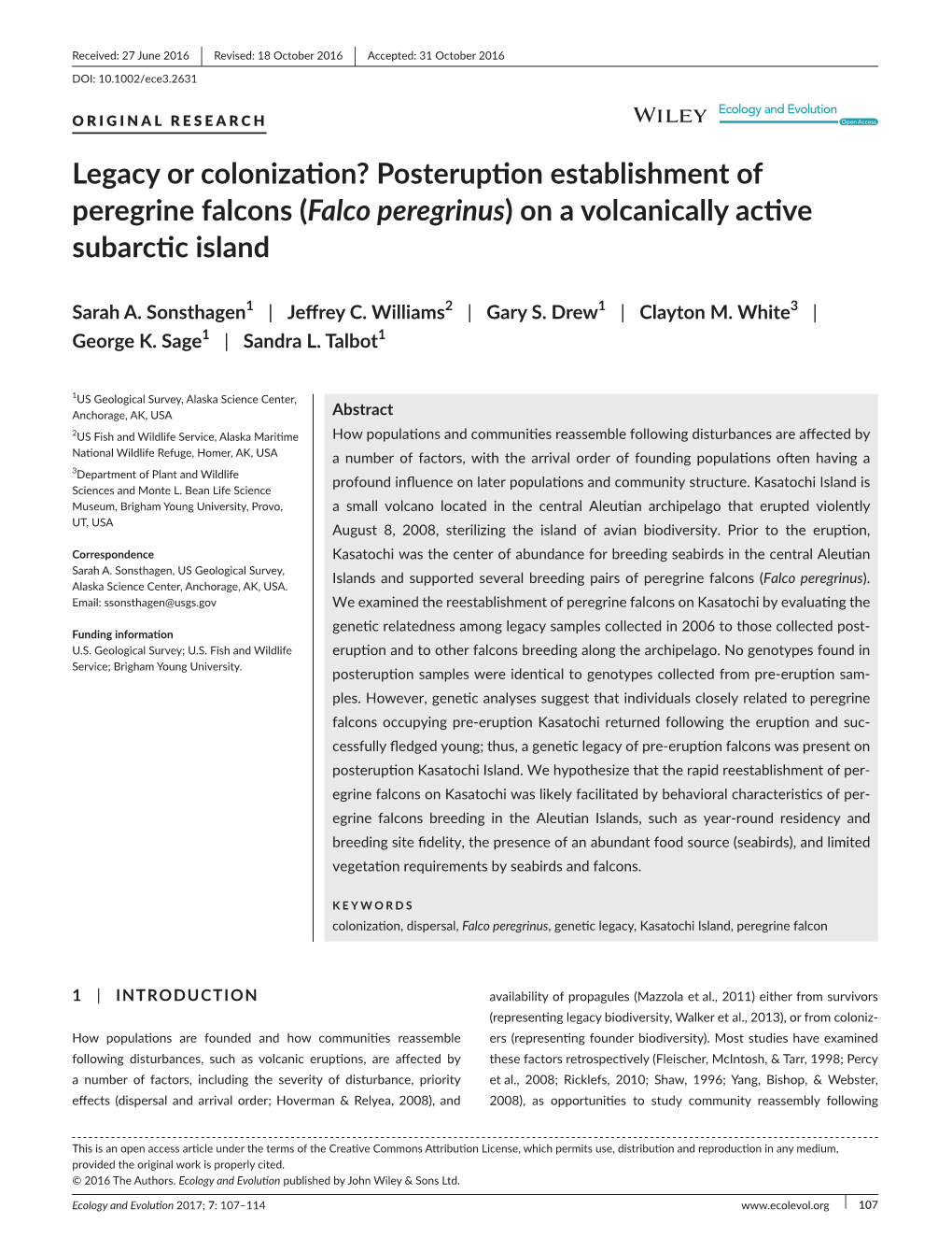 Posteruption Establishment of Peregrine Falcons (Falco Peregrinus) on a Volcanically Active Subarctic Island