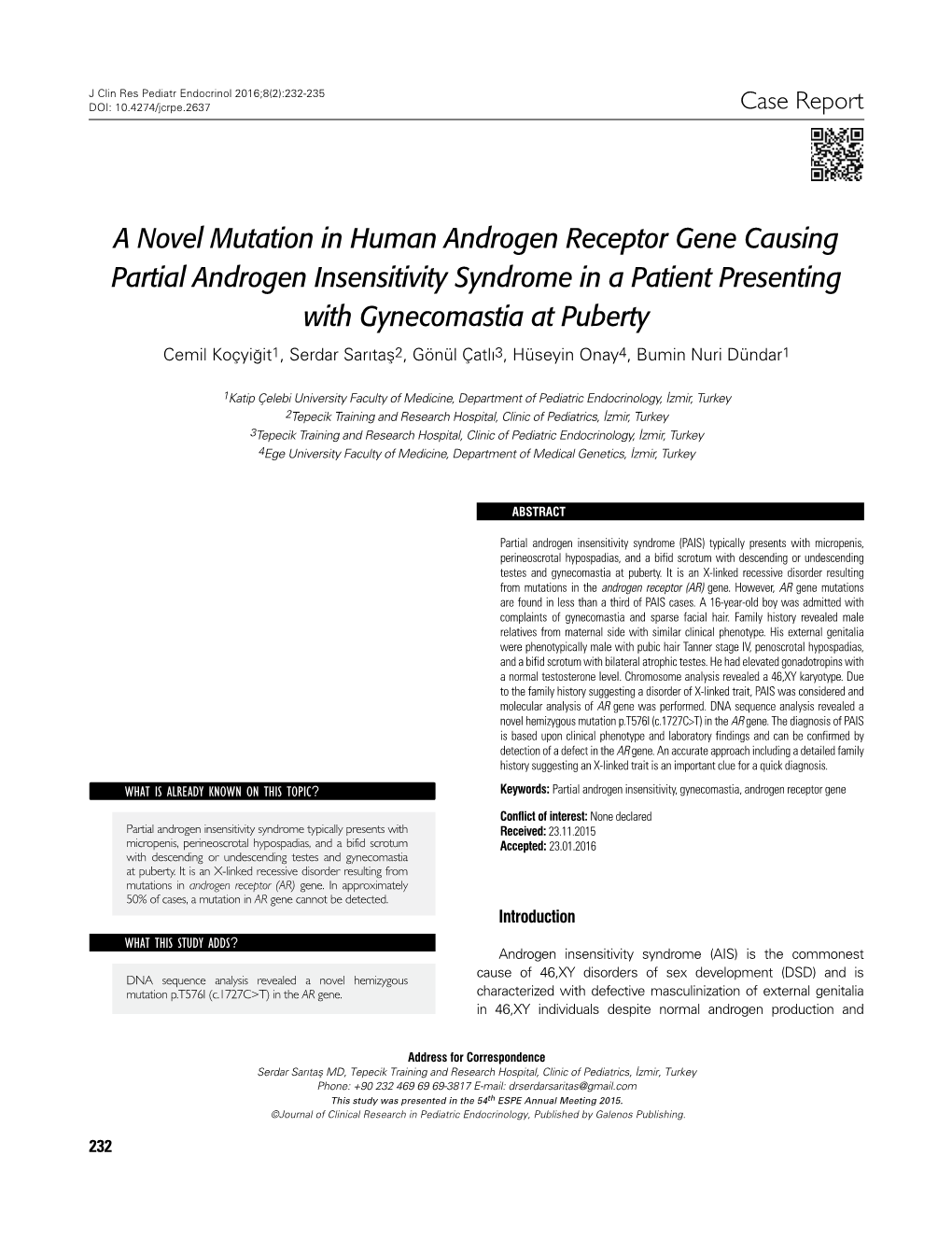 A Novel Mutation in Human Androgen Receptor Gene Causing Partial