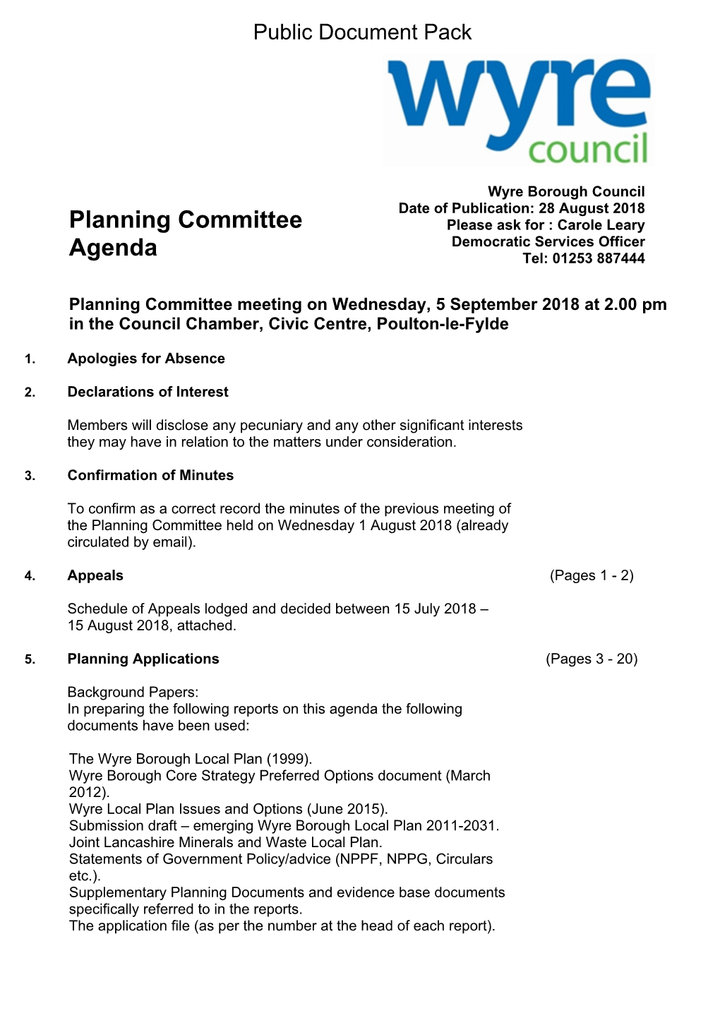 (Public Pack)Agenda Document for Planning Committee, 05/09/2018