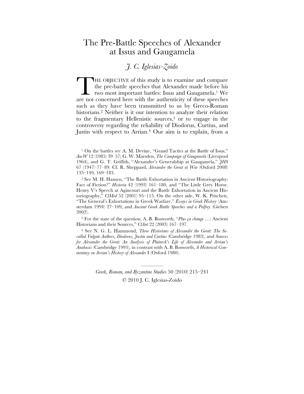 The Pre-Battle Speeches of Alexander at Issus and Gaugamela J