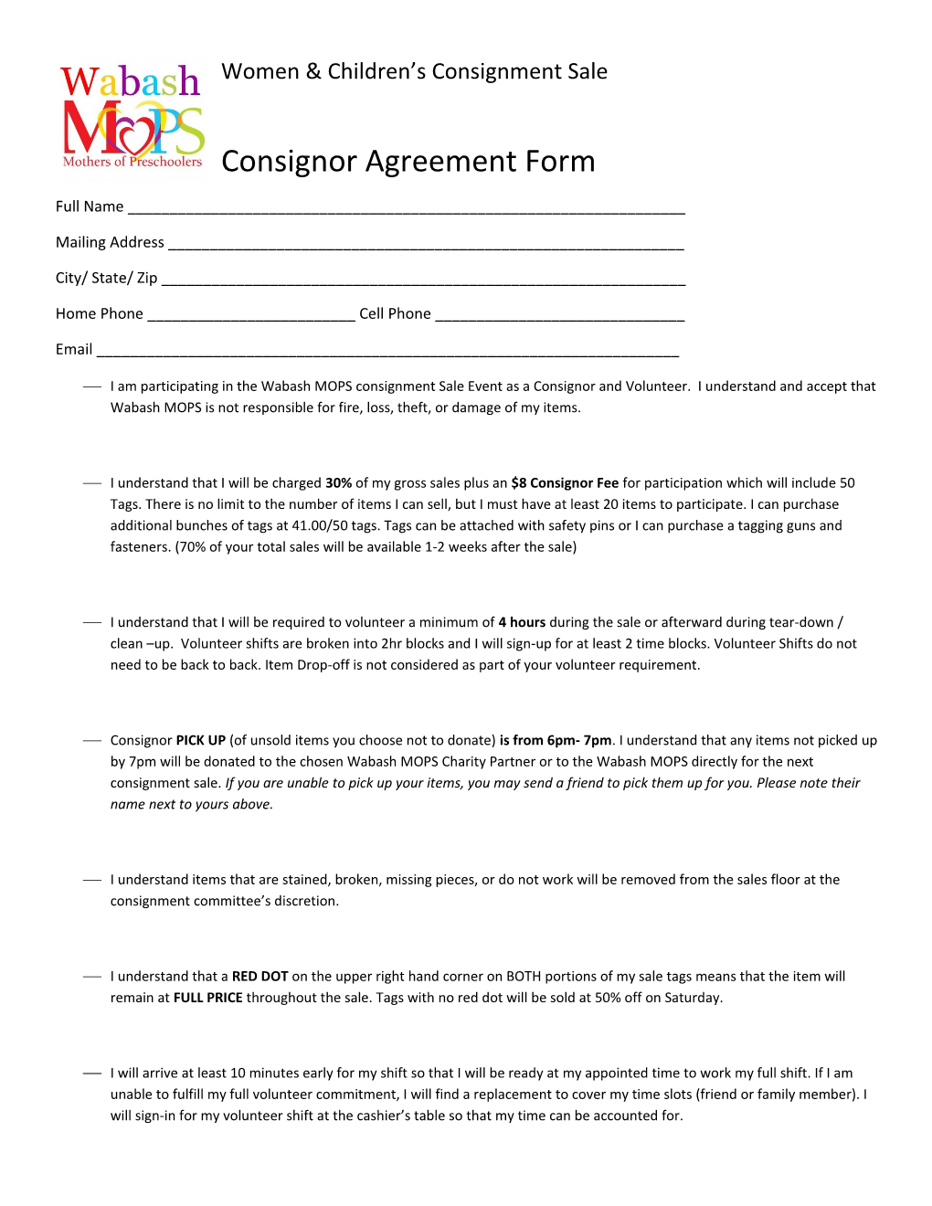 Consignor Agreement Form