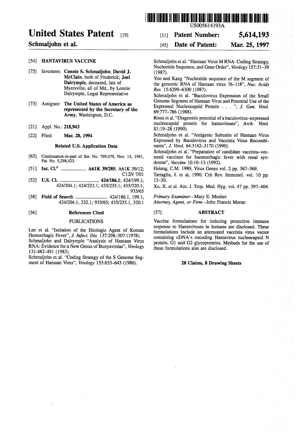 United States Patent (19) 11 Patent Number: 5,614,193 Schmaljohn Et Al