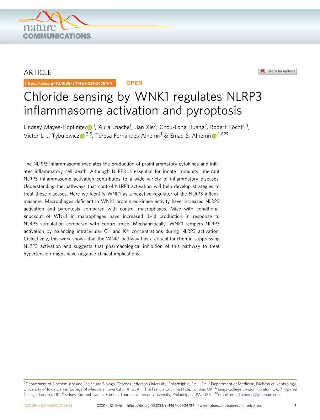 Chloride Sensing by WNK1 Regulates NLRP3 Inflammasome Activation