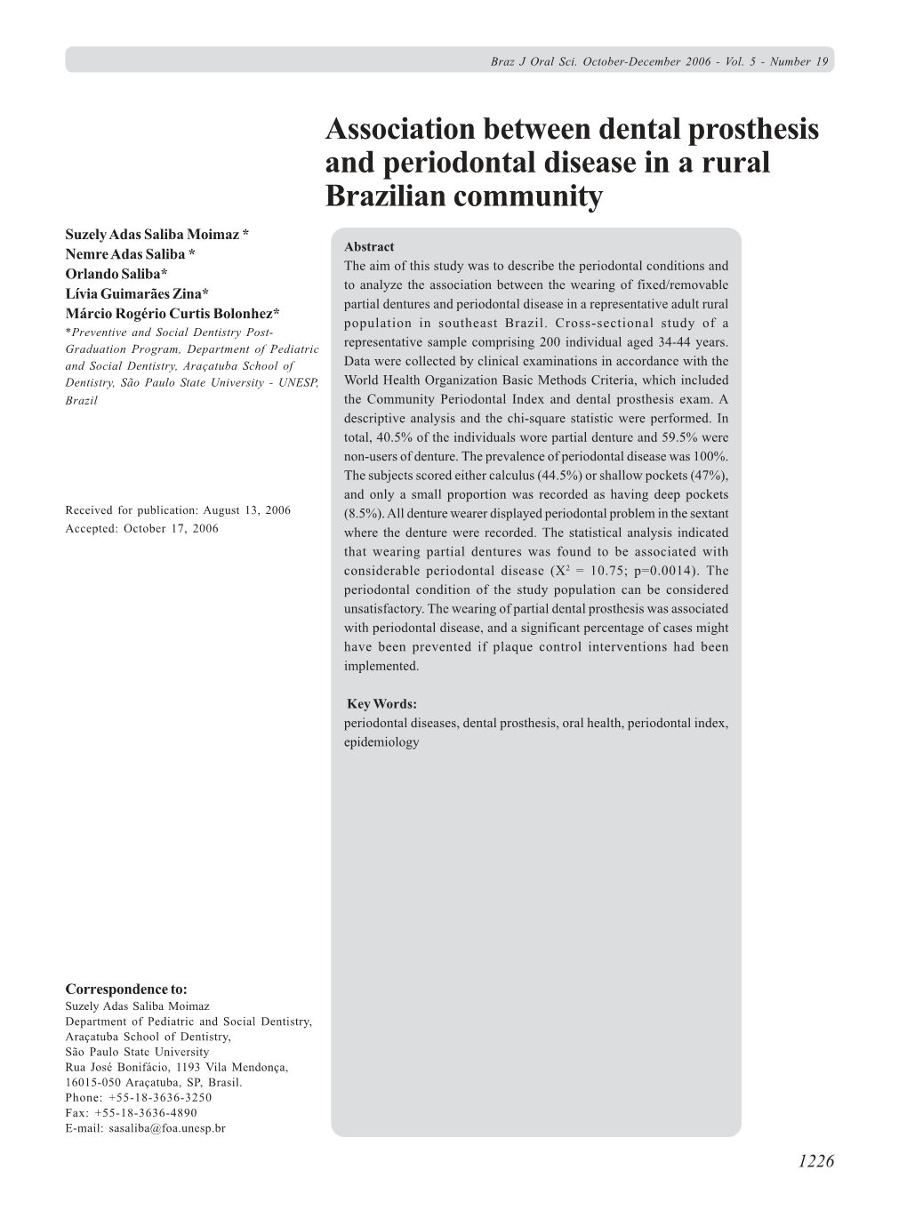 Association Between Dental Prosthesis and Periodontal Disease in a Rural