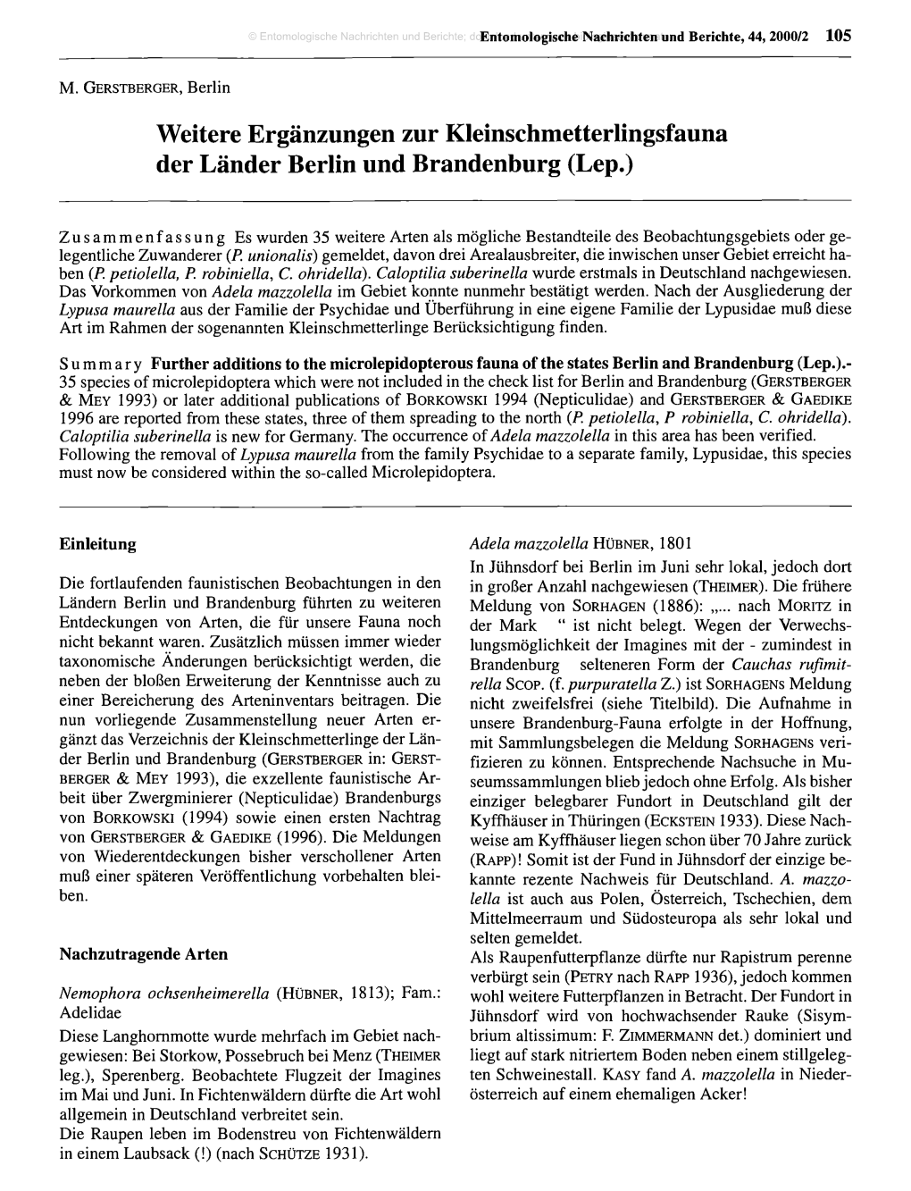 Weitere Ergänzungen Zur Kleinschmetterlingsfauna Der Länder Berlin Und Brandenburg (Lep.)