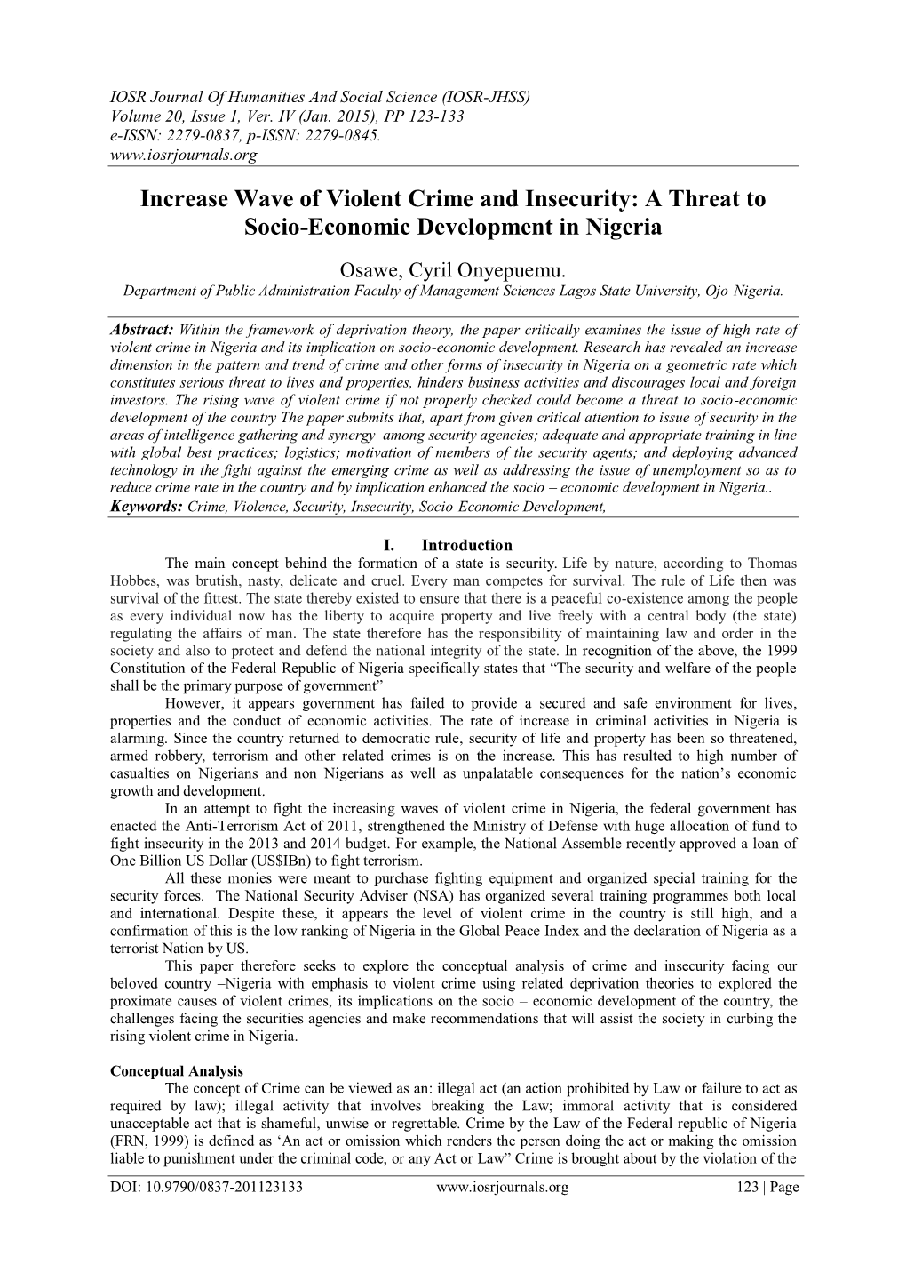 Increase Wave of Violent Crime and Insecurity: a Threat to Socio-Economic Development in Nigeria