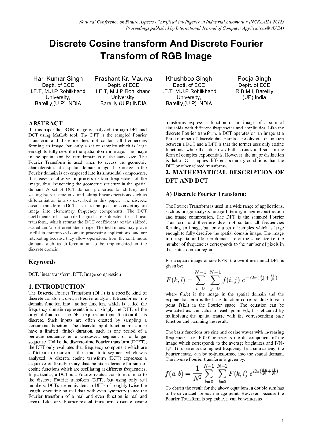 Discrete Cosine Transform and Discrete Fourier Transform of RGB Image